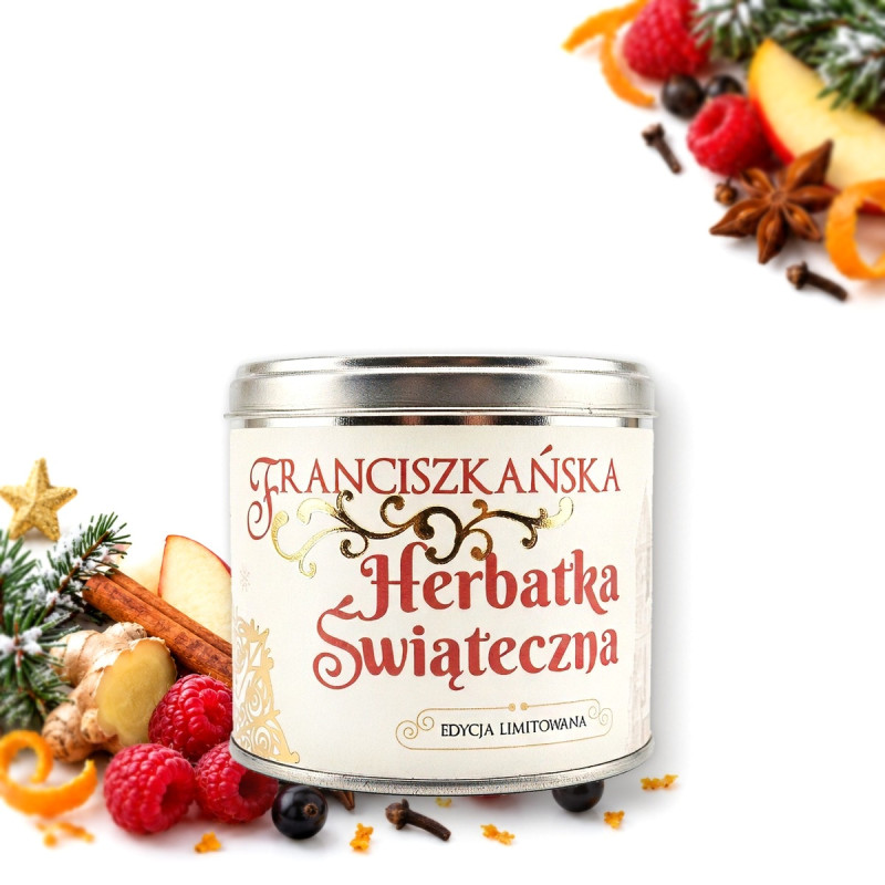 Franciszkańska Herbatka Świąteczna w puszce, edycja limitowana, 20 saszetek po 5 g z owocami, cynamonem, imbirem, anyżem i goździkami