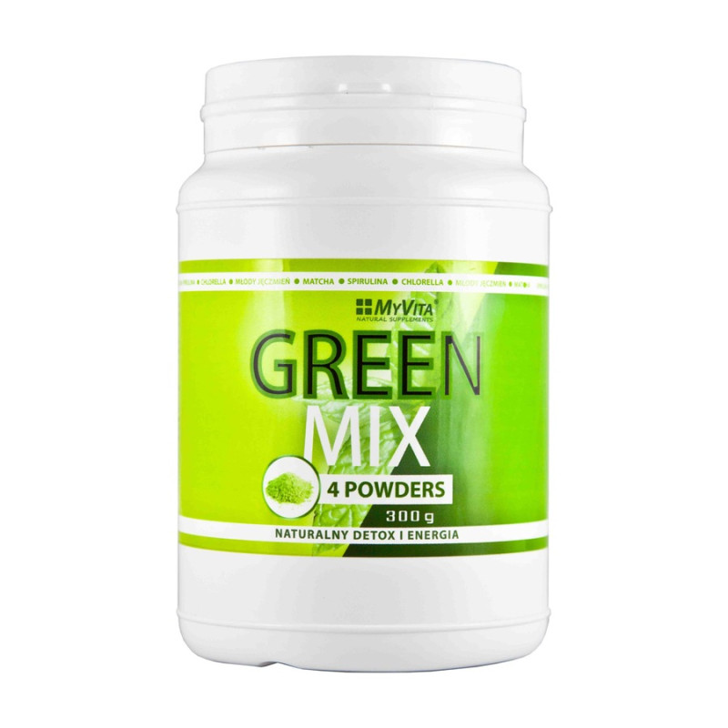 MyVita Green Mix 300 g, mieszanka młodego jęczmienia, spiruliny, chlorelli i matchy w proszku