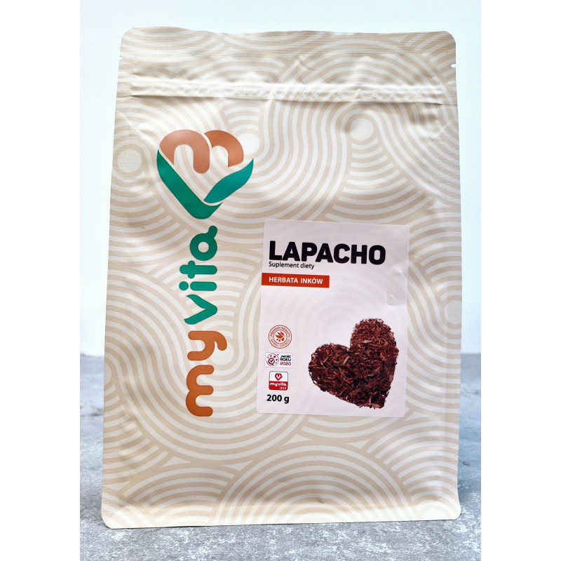 Lapacho kora krojona MyVita 200 g w torebce z okienkiem, z napisem herbata Inków, czysta kora drzewa lapacho do wywaru