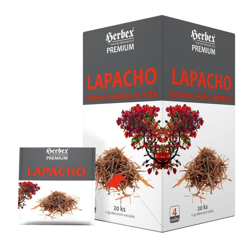 Herbata HERBEX Premium Lapacho 20 saszetek po 2 g, kora lapacho z rooibosem, cynamonem i goździkiem, pudełko z kwitnącym drzewem lapacho