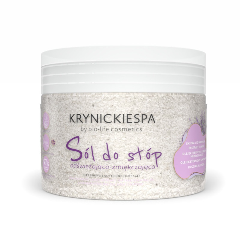 Krynickie SPA sól do stóp odświeżająco-zmiękczająca 500 g z borowiną, imbirem, mocznikiem i olejkiem lawendowym, do moczenia nóg