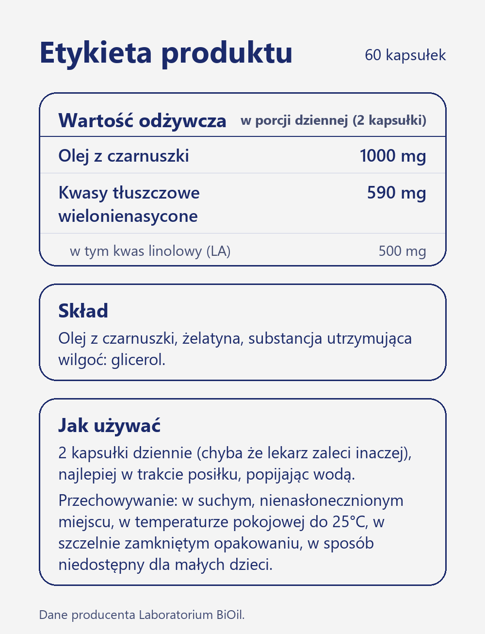 Skład i wartość odżywcza Olej z czarnuszki egipskiej w kapsułkach 60 szt tłoczony na zimno