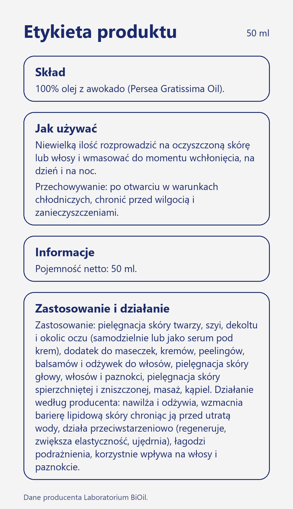 Skład i zastosowanie Olej z awokado kosmetyczny 50 ml tłoczony na zimno do cery suchej i włosów