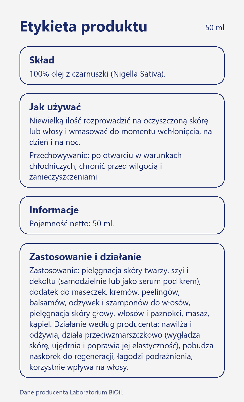 Skład i zastosowanie Olej z czarnuszki kosmetyczny 50 ml tłoczony na zimno do twarzy i włosów
