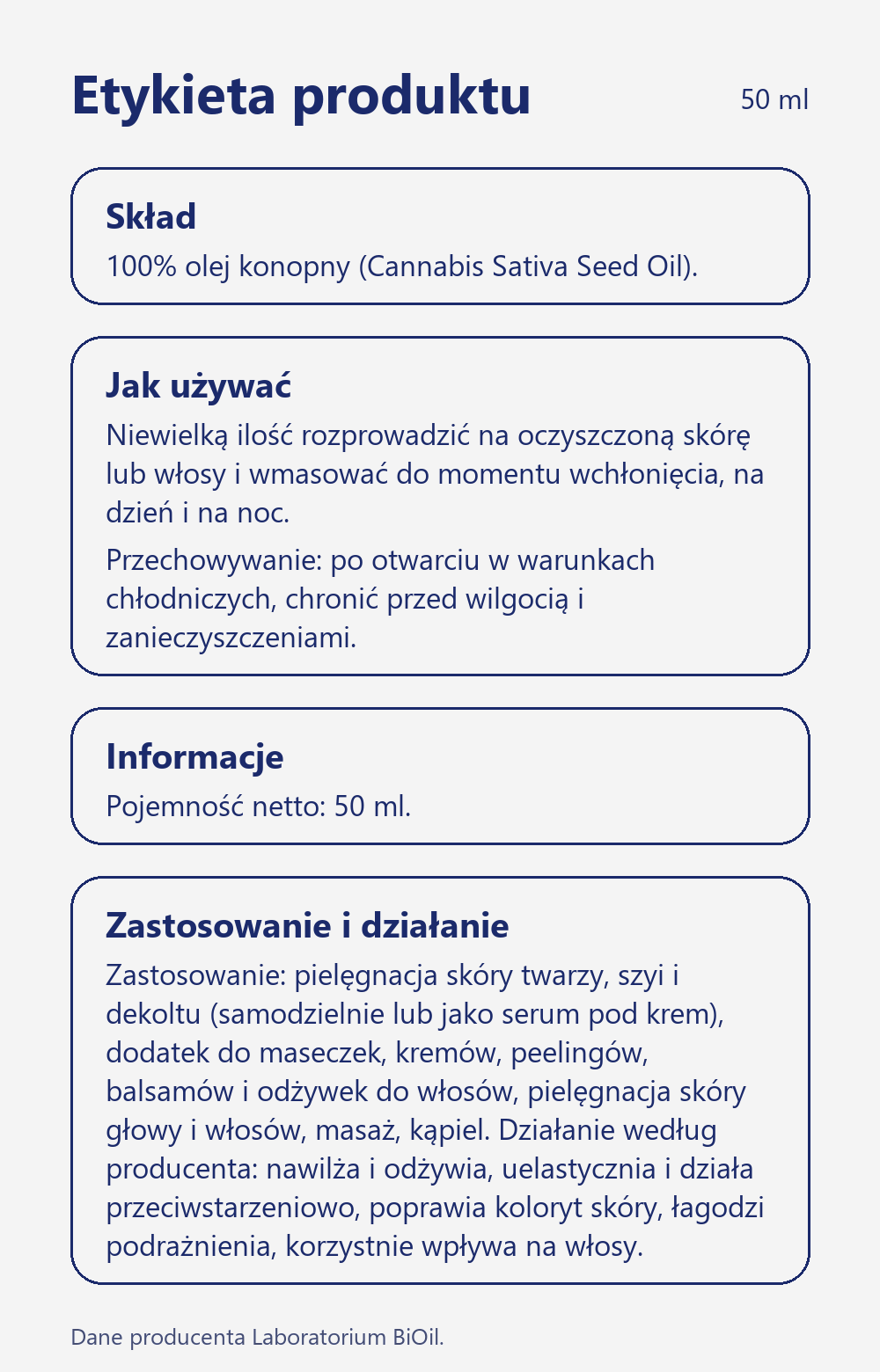 Skład i zastosowanie Olej konopny kosmetyczny 50 ml tłoczony na zimno do twarzy i ciała