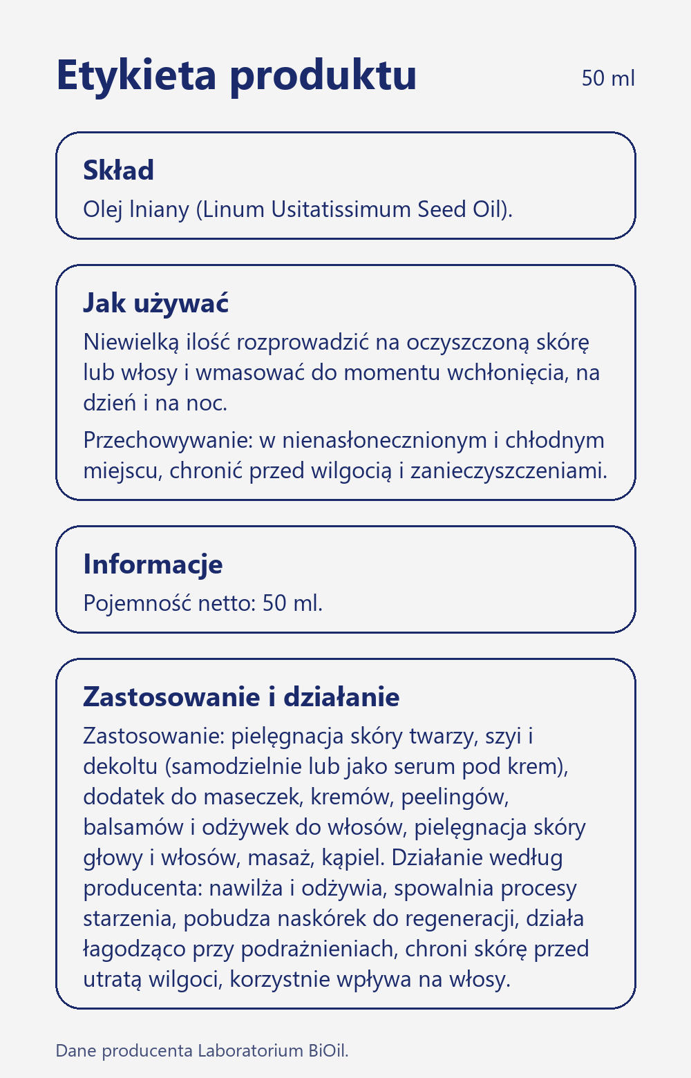 Skład i zastosowanie Olej lniany kosmetyczny 50 ml tłoczony na zimno do twarzy i włosów