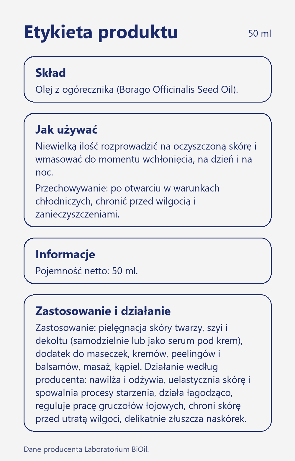 Skład i zastosowanie Olej z ogórecznika lekarskiego kosmetyczny 50 ml tłoczony na zimno do twarzy