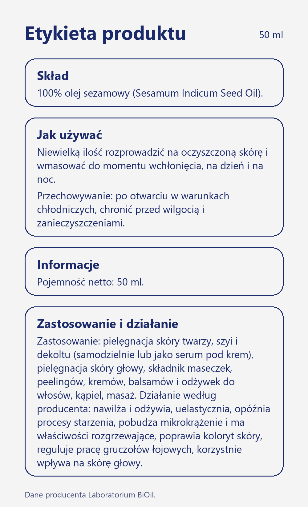Skład i zastosowanie Olej sezamowy kosmetyczny 50 ml tłoczony na zimno do masażu i twarzy