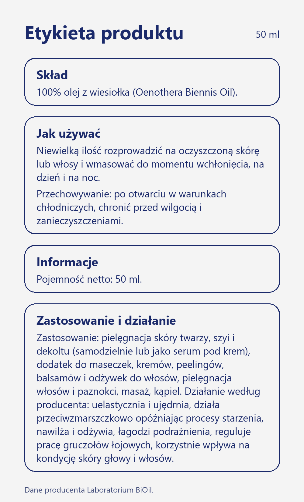 Skład i zastosowanie Olej z wiesiołka kosmetyczny 50 ml tłoczony na zimno do twarzy i ciała