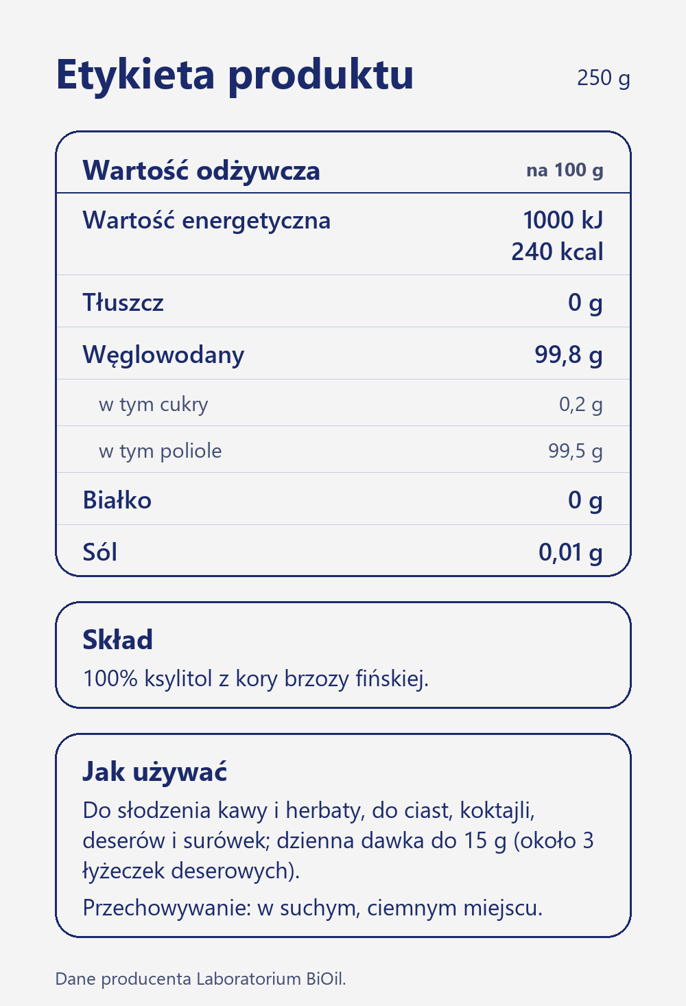 Skład i wartość odżywcza Ksylitol fiński cukier brzozowy 250 g do słodzenia i pieczenia