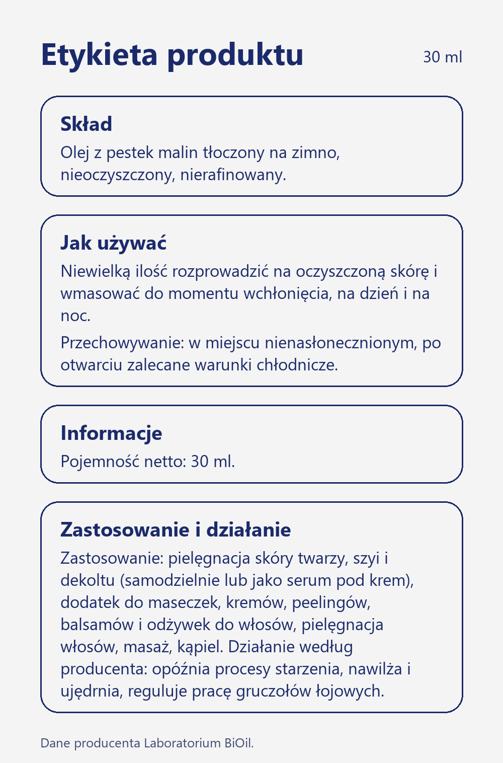 Skład i zastosowanie Olej z pestek malin BIO kosmetyczny 30 ml tłoczony na zimno do twarzy i włosów