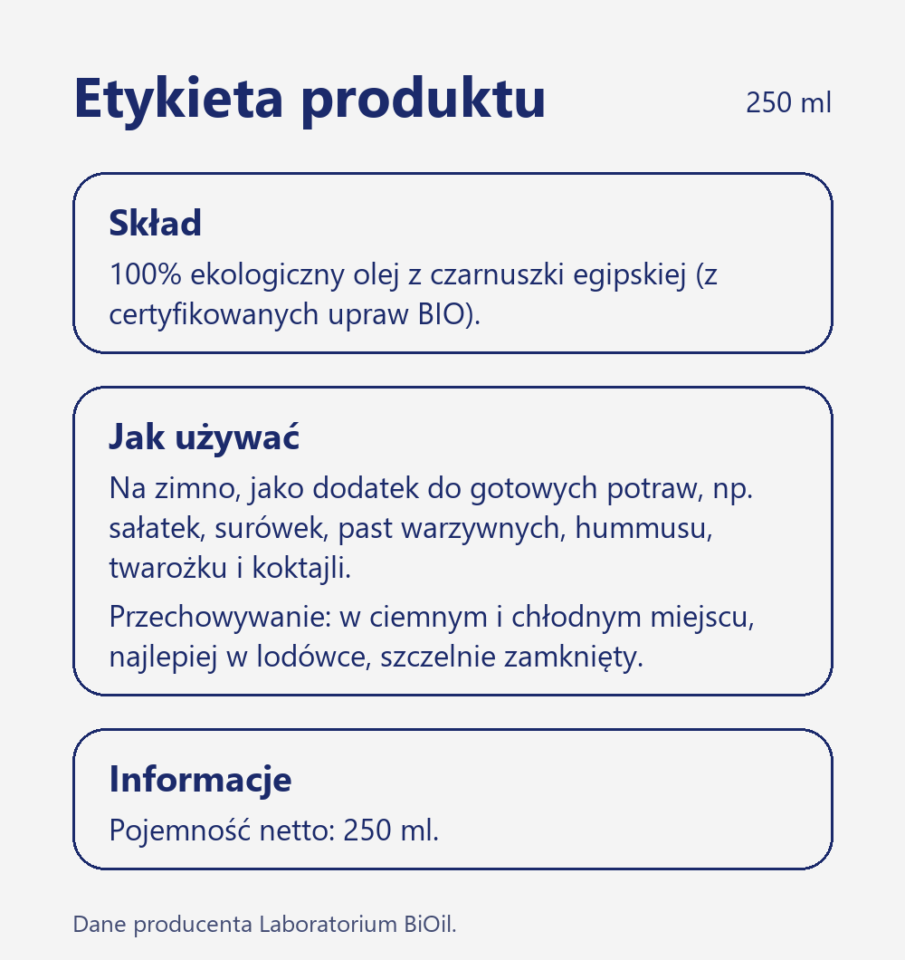 Skład i wartość odżywcza Olej z czarnuszki egipskiej BIO 250 ml tłoczony na zimno seria BLACK ekologiczny