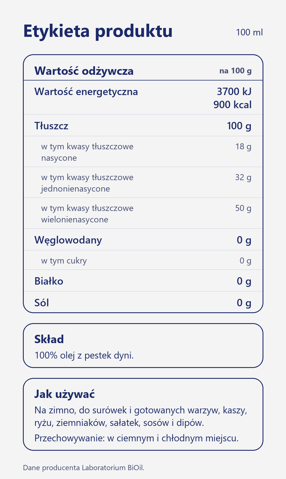 Skład i wartość odżywcza Olej z pestek dyni tłoczony tradycyjnie 100 ml nierafinowany do sałatek