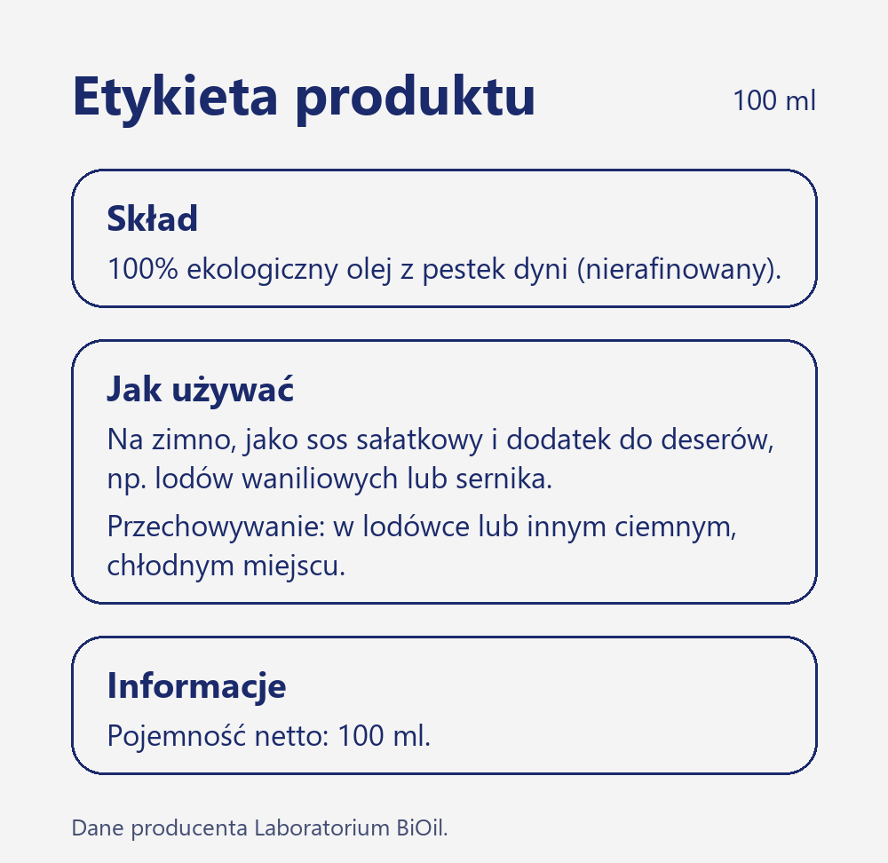 Skład i wartość odżywcza Olej z pestek dyni BIO 100 ml nierafinowany seria BLACK do sałatek i deserów