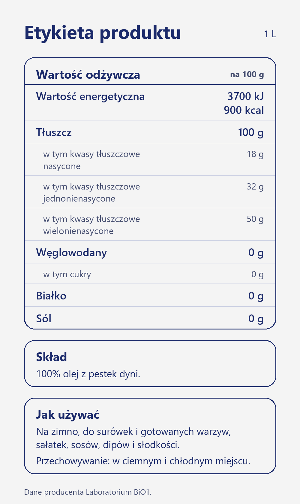 Skład i wartość odżywcza Olej z pestek dyni tłoczony tradycyjnie 1 L nierafinowany do sałatek