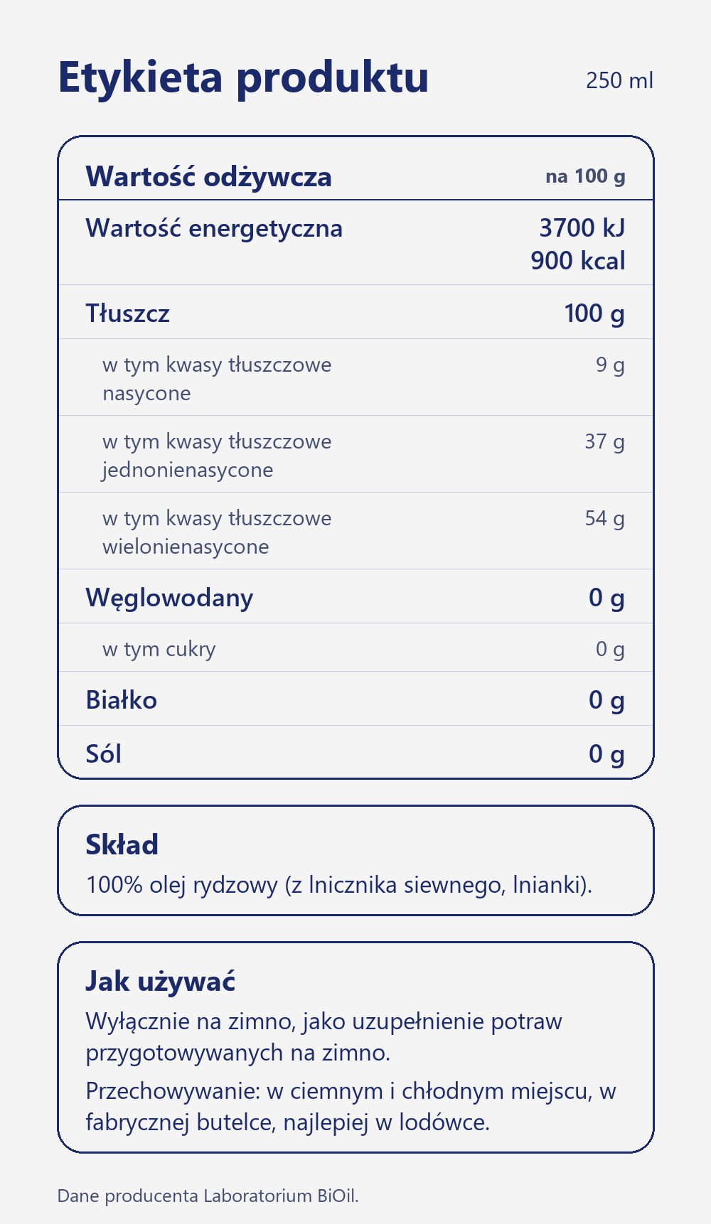 Skład i wartość odżywcza Olej rydzowy z lnianki tłoczony na zimno 250 ml do sałatek