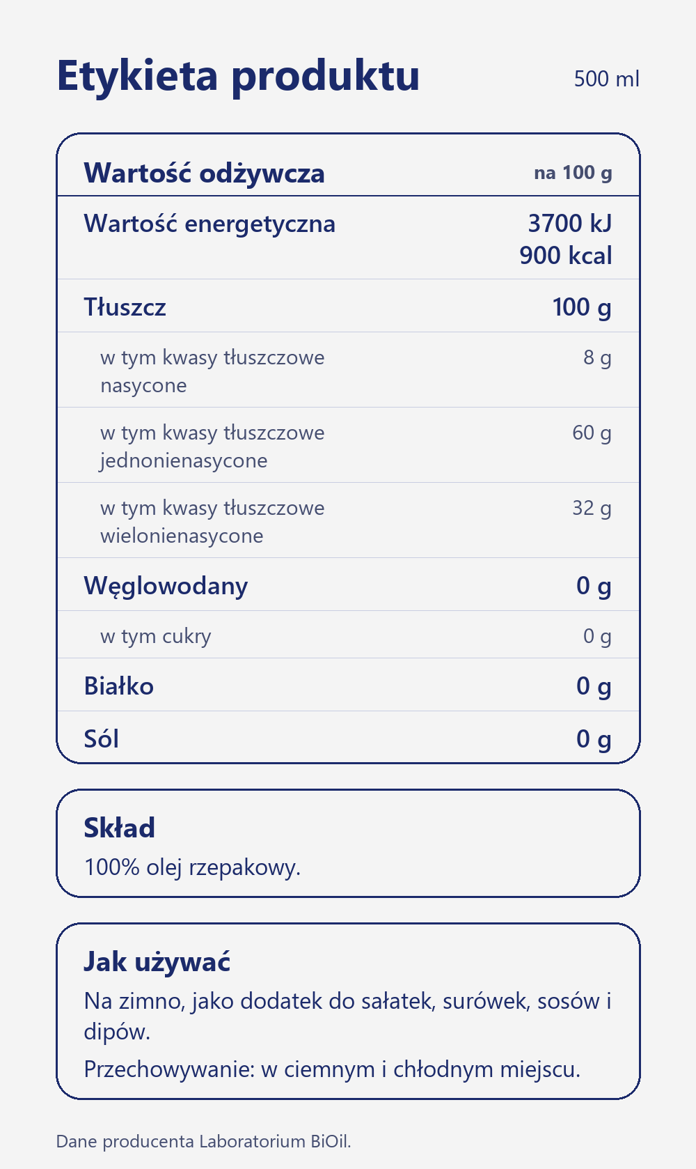Skład i wartość odżywcza Olej rzepakowy tłoczony na zimno 500 ml nierafinowany do sałatek