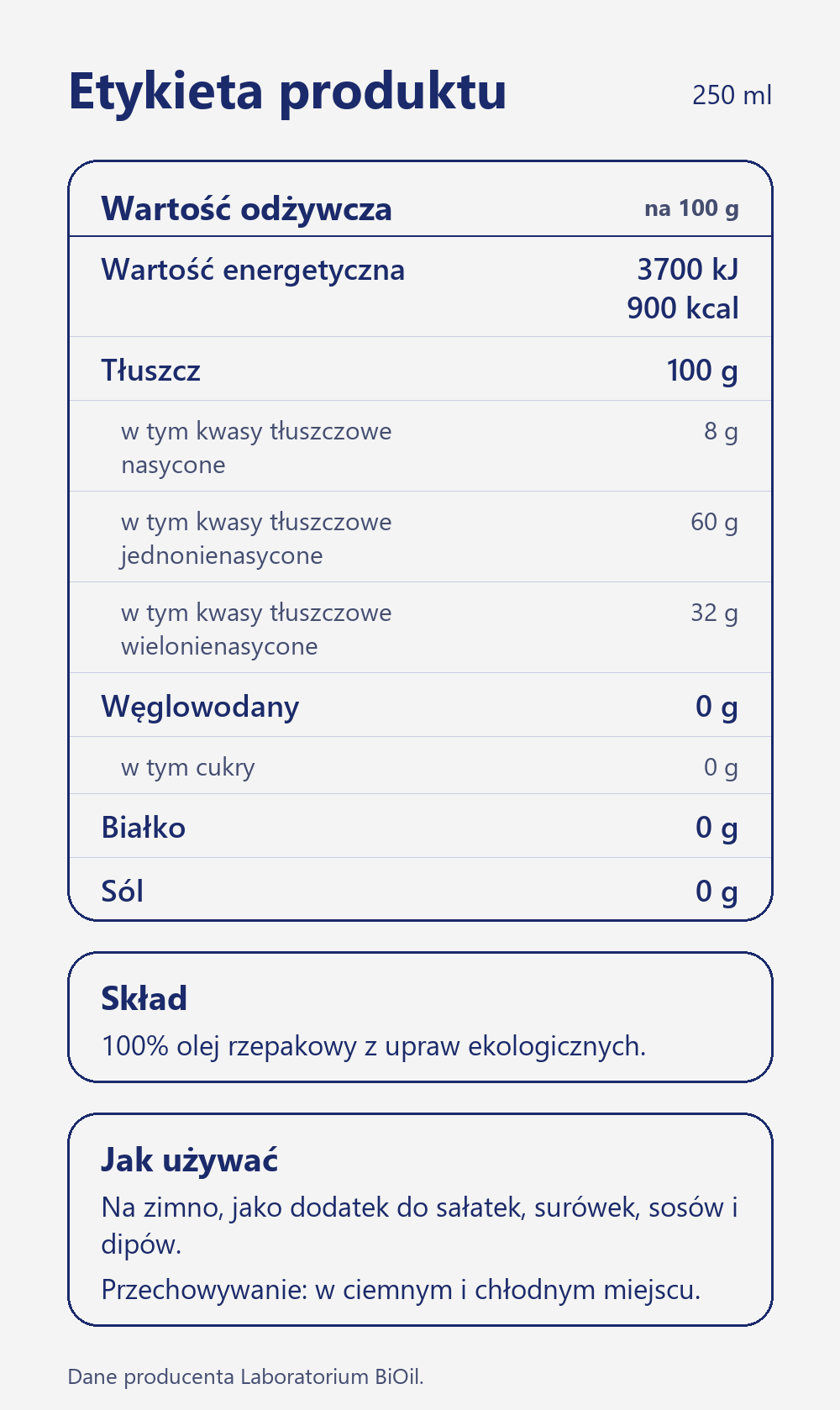 Skład i wartość odżywcza Olej rzepakowy BIO tłoczony na zimno 250 ml nierafinowany ekologiczny