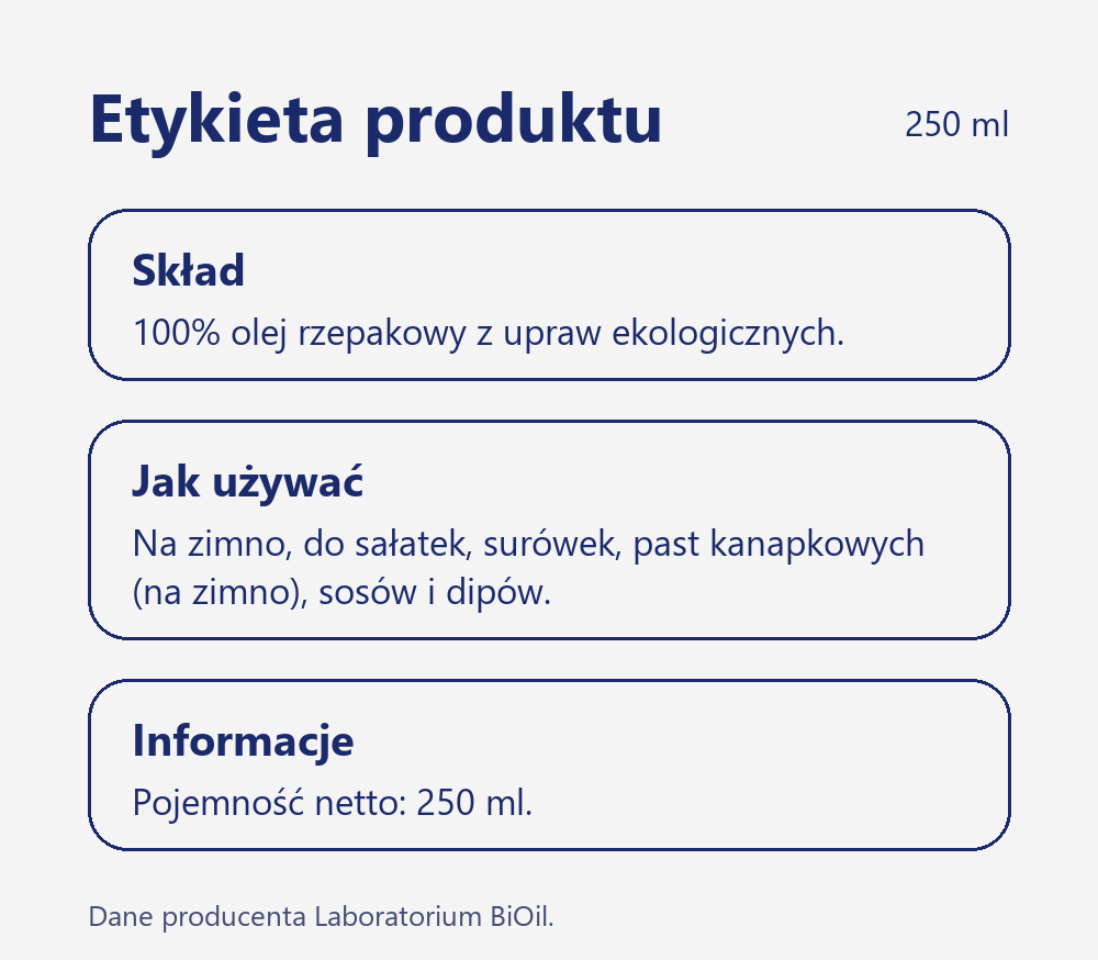 Skład i wartość odżywcza Olej rzepakowy BIO 250 ml tłoczony na zimno seria BLACK ekologiczny do sałatek