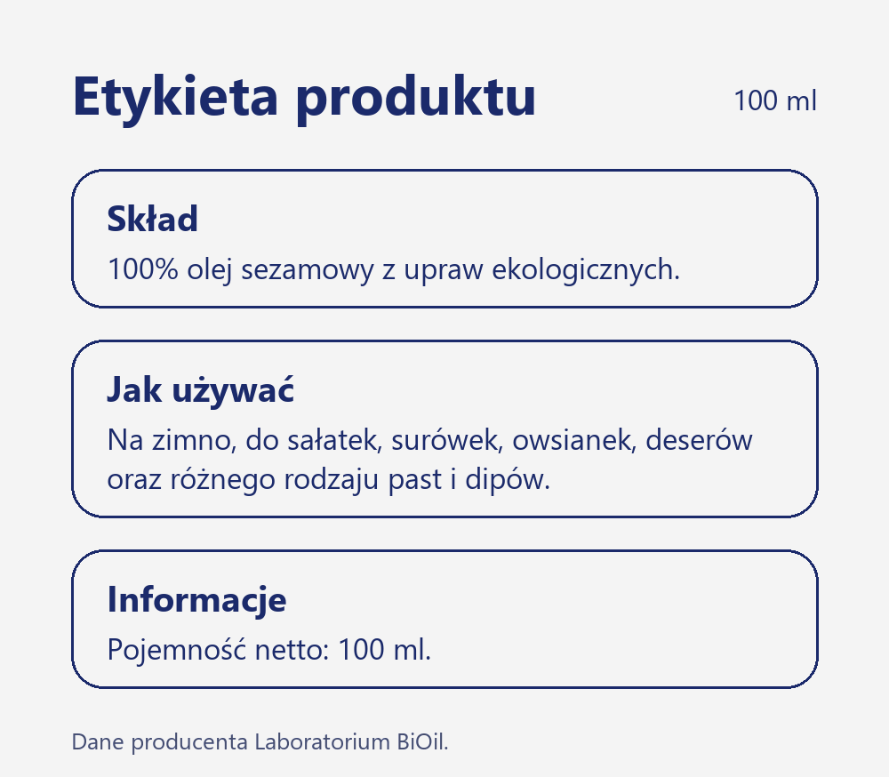 Skład i wartość odżywcza Olej sezamowy BIO 100 ml tłoczony na zimno ekologiczny do sałatek