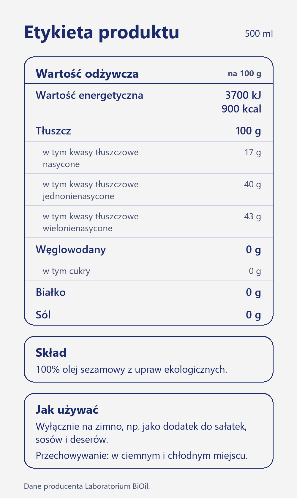 Skład i wartość odżywcza Olej sezamowy BIO tłoczony na zimno 500 ml nierafinowany ekologiczny