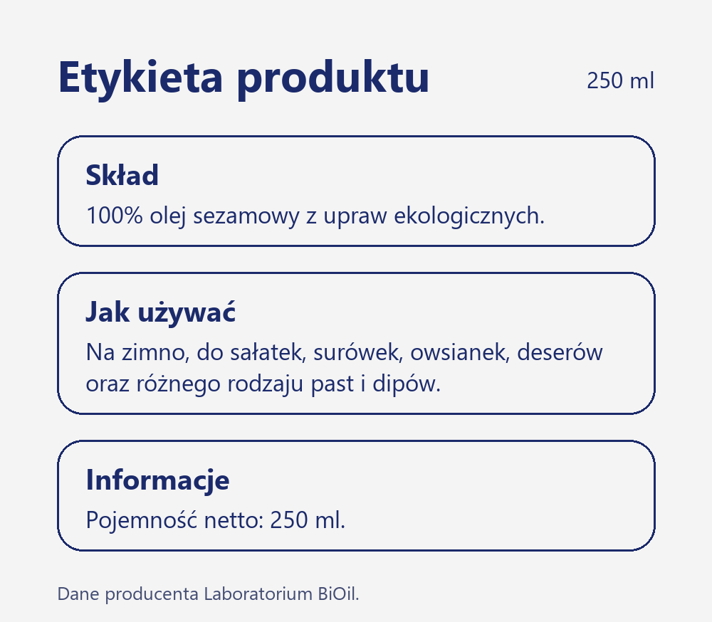 Skład i wartość odżywcza Olej sezamowy BIO 250 ml tłoczony na zimno seria BLACK ekologiczny do sałatek