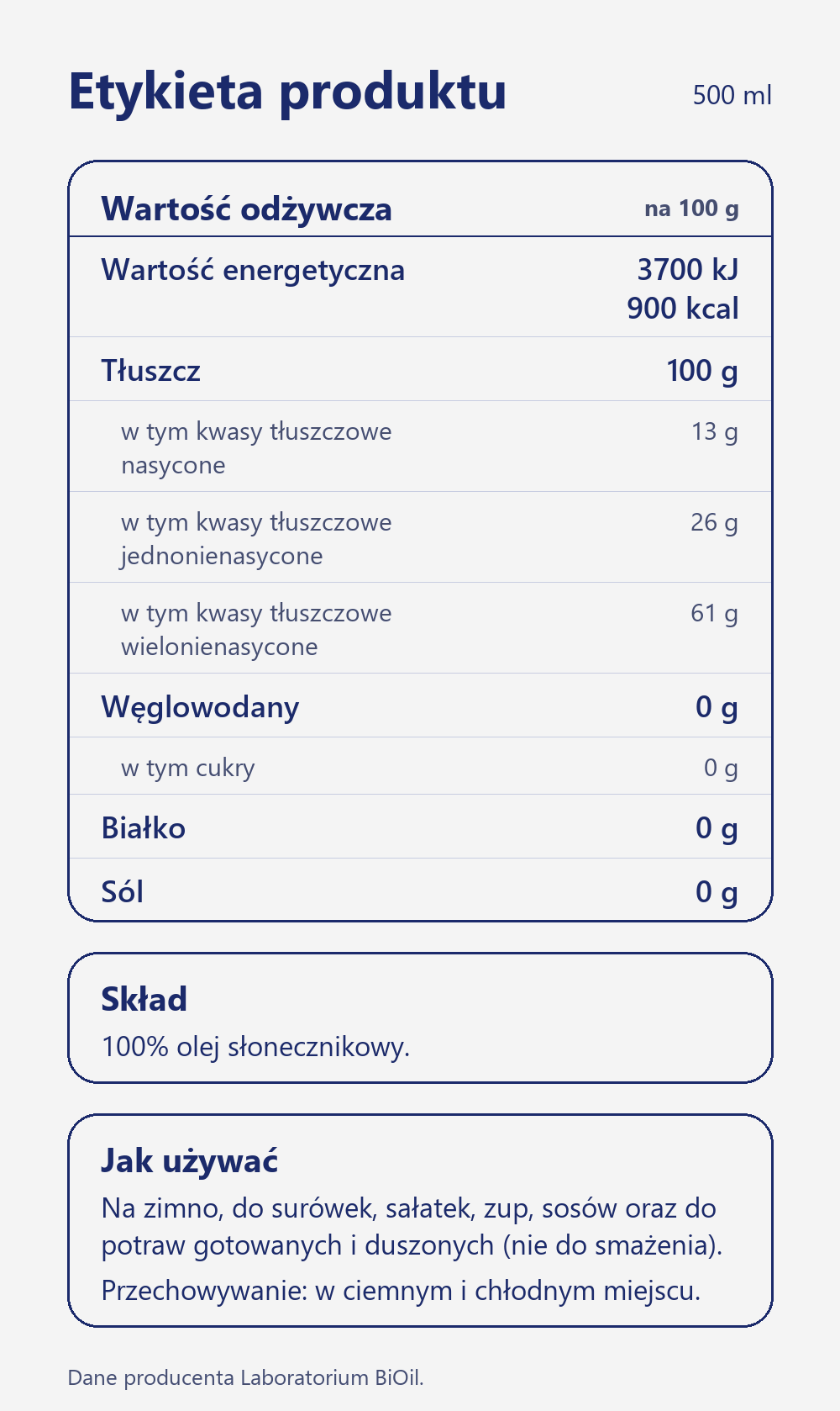 Skład i wartość odżywcza Olej słonecznikowy tłoczony na zimno 500 ml nieoczyszczony do surówek