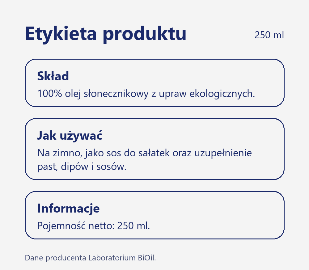 Skład i wartość odżywcza Olej słonecznikowy BIO 250 ml tłoczony na zimno seria BLACK ekologiczny do surówek