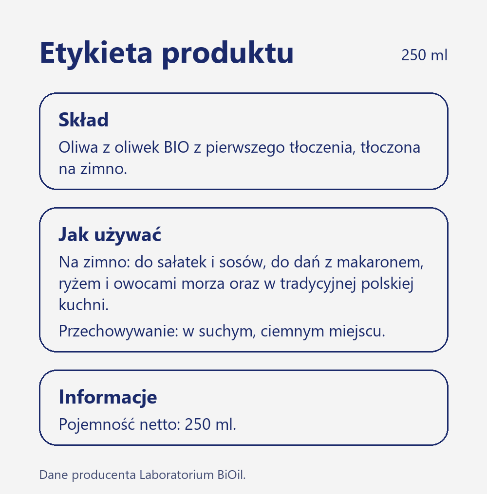 Skład i wartość odżywcza Oliwa z oliwek BIO 250 ml tłoczona na zimno seria BLACK ekologiczna do sałatek