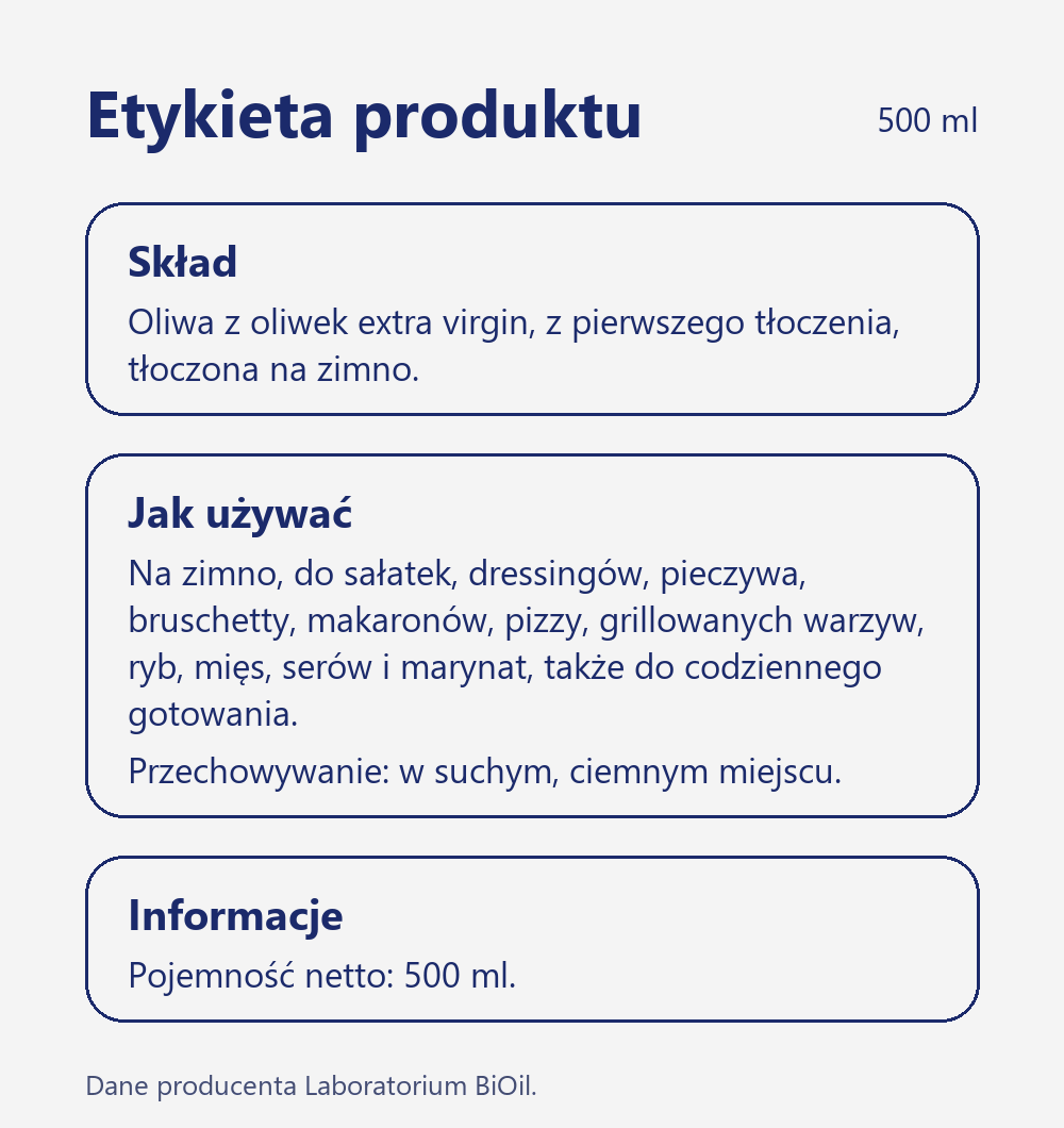 Skład i wartość odżywcza Oliwa z oliwek Extra Virgin 500 ml tłoczona na zimno do sałatek, pieczywa i dań śródziemnomorskich