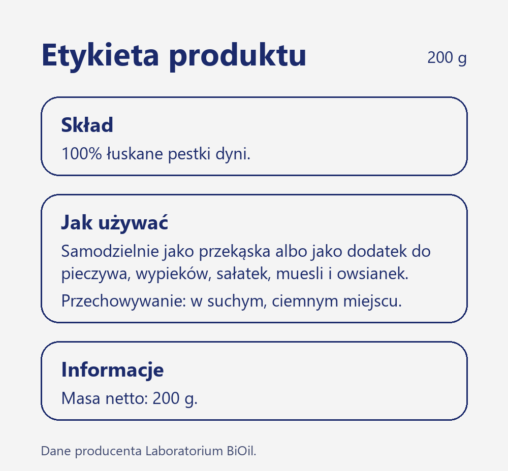 Skład i wartość odżywcza Pestki dyni łuskane 200 g surowe do przekąsek, pieczywa i sałatek