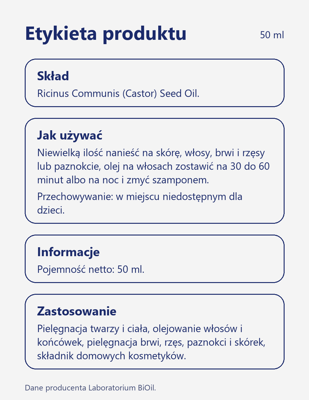 Skład i zastosowanie Olej rycynowy kosmetyczny 50 ml tłoczony na zimno do włosów, brwi, rzęs i paznokci