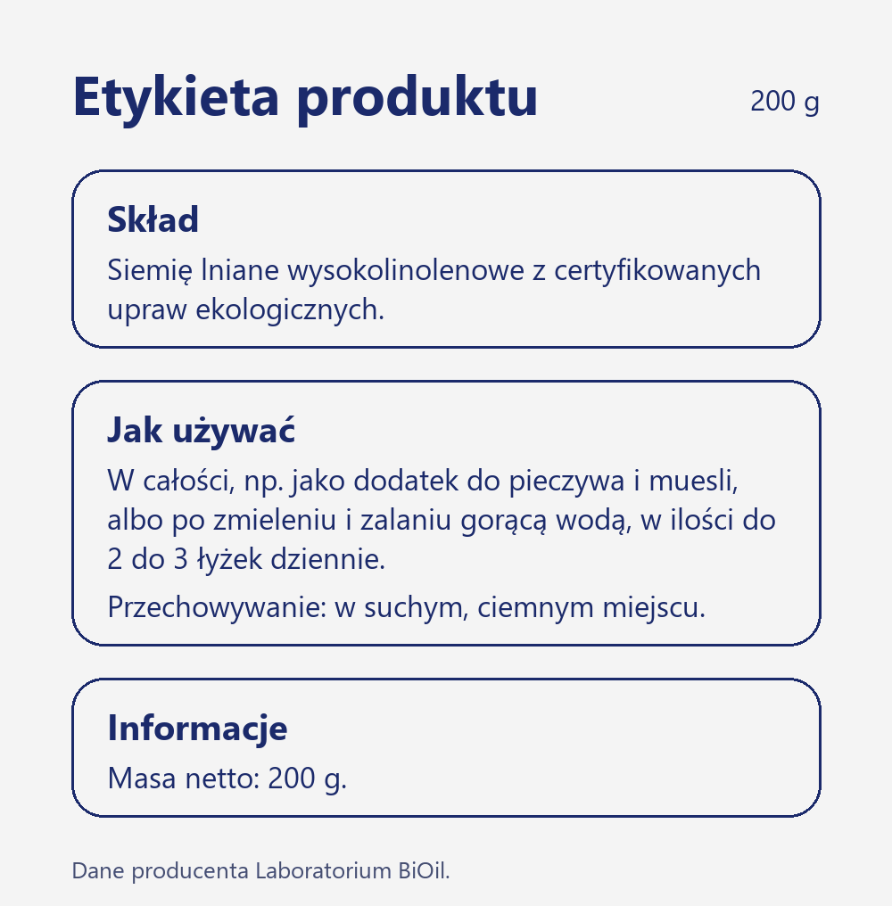 Skład i wartość odżywcza Siemię lniane wysokolinolenowe OmegaLen BIO 200 g ekologiczne do pieczywa i muesli