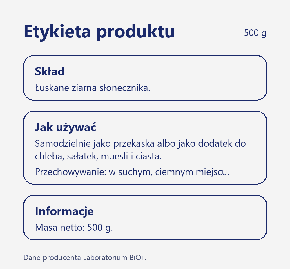 Skład i wartość odżywcza Słonecznik łuskany 500 g do chleba, sałatek, muesli i ciasta