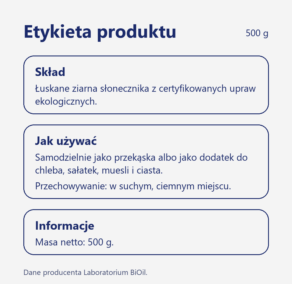 Skład i wartość odżywcza Słonecznik łuskany BIO 500 g ekologiczny do chleba, sałatek i muesli