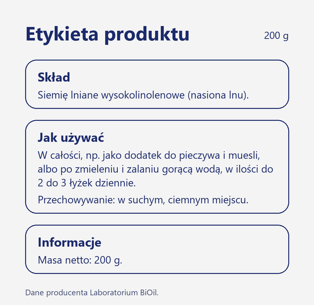Skład i wartość odżywcza Siemię lniane wysokolinolenowe 200 g do pieczywa i muesli