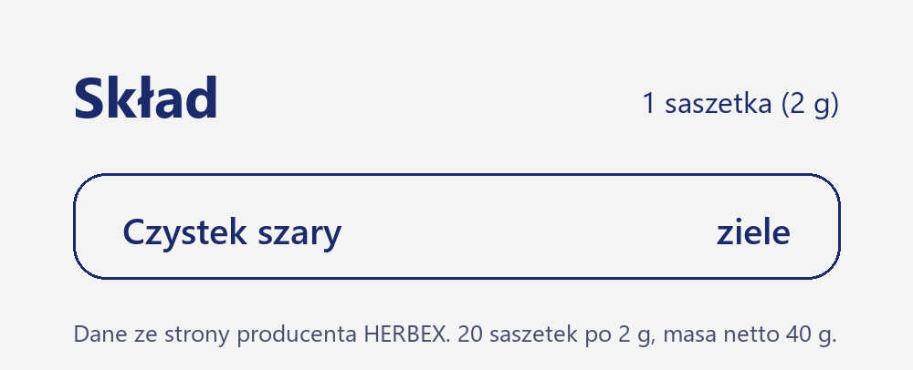 Skład herbaty Herbex Czystek szary: czystek szary (ziele)
