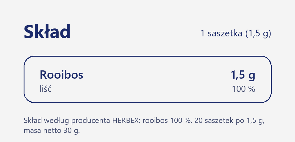 Skład herbaty Herbex Rooibos Premium: rooibos 100 % w saszetce 1,5 g, bez kofeiny