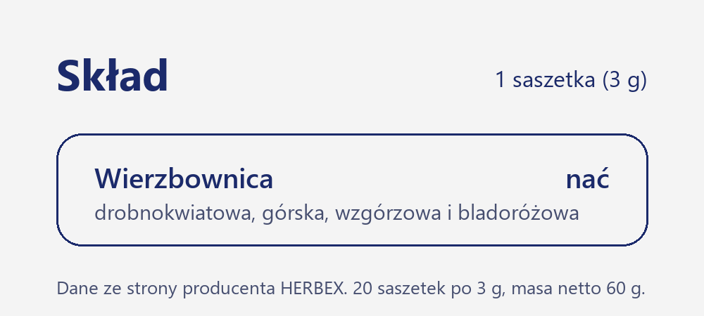 Skład herbaty Herbex Wierzbownica drobnokwiatowa: wierzbownica drobnokwiatowa, górska, wzgórzowa i bladoróżowa (nać)