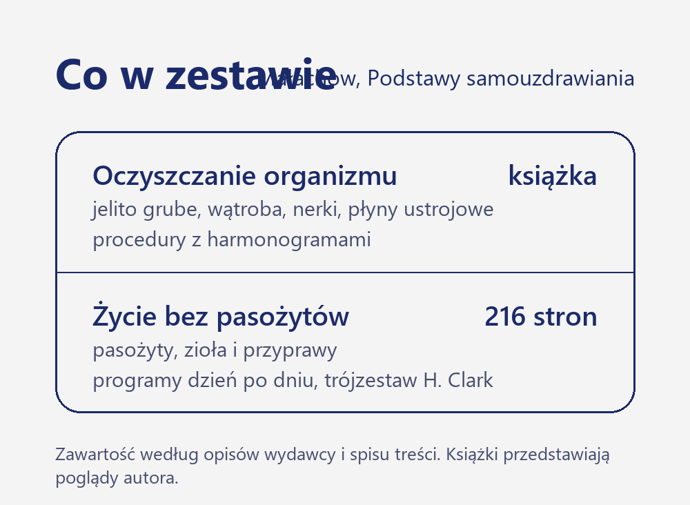 Zestaw książek Giennadija Małachowa: Oczyszczanie organizmu oraz Życie bez pasożytów, zawartość obu tomów