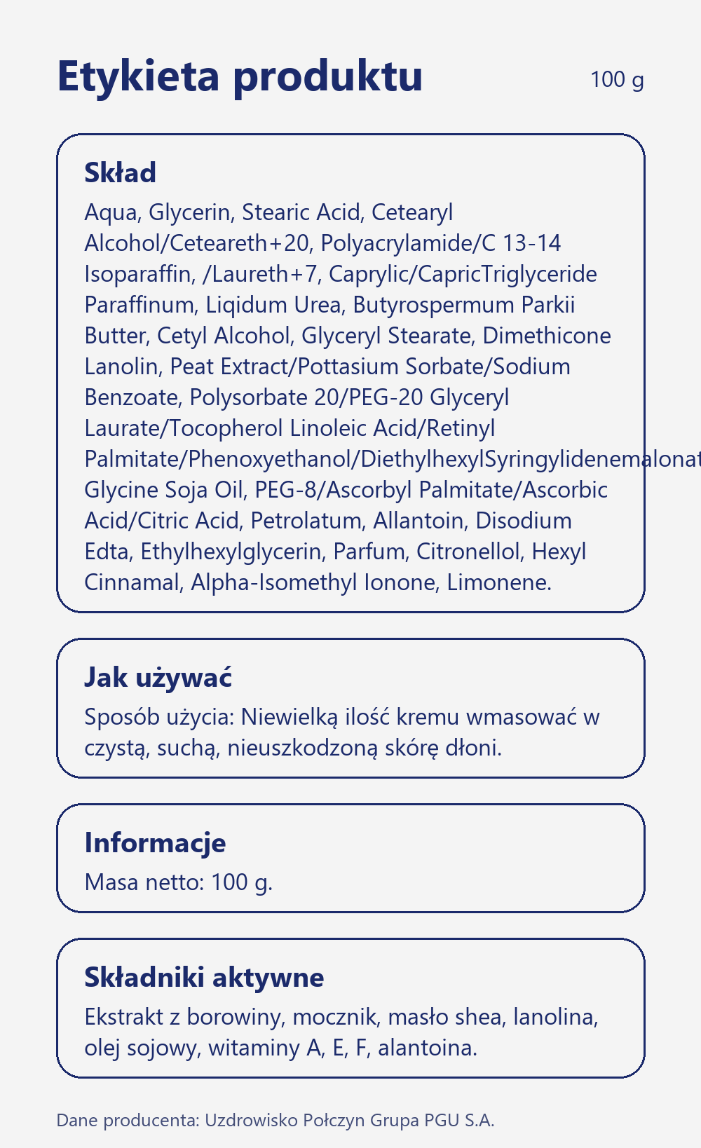 Skład i sposób użycia Terra Zdrój Odżywczy borowinowy krem do rąk 100 g