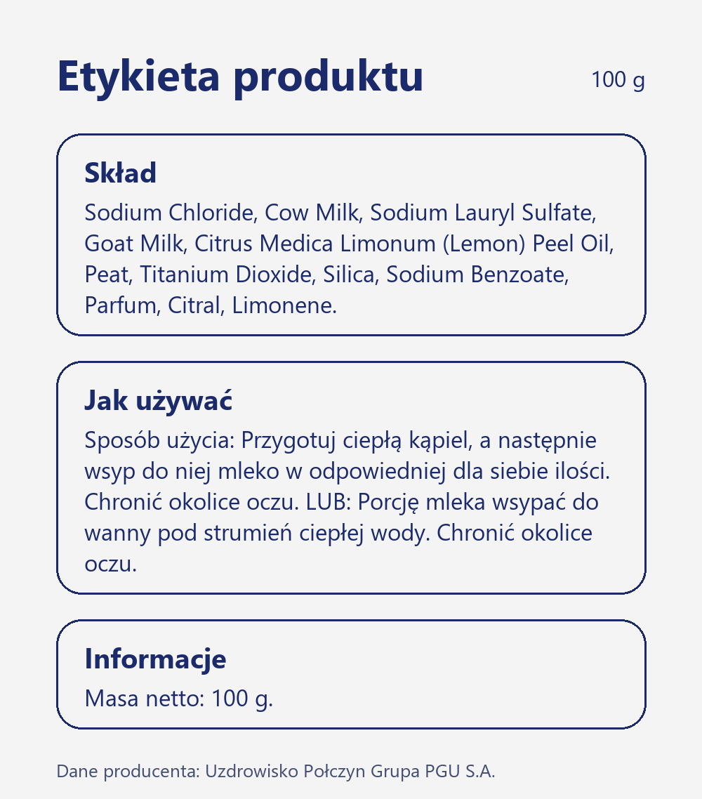 Skład i sposób użycia Terra Zdrój Mleko do kąpieli z połczyńską borowiną 100 g porcja na jeden raz