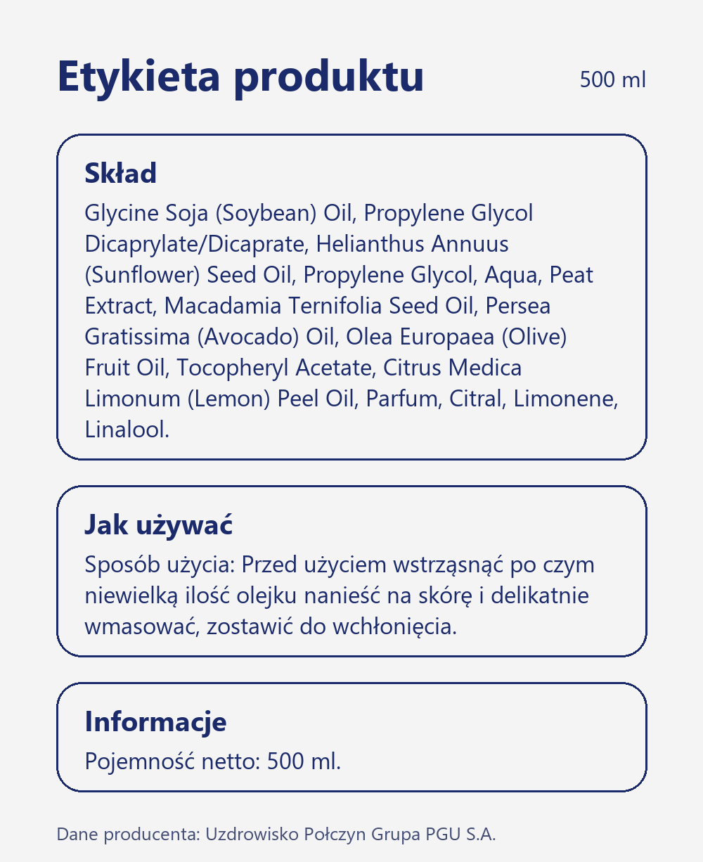 Skład i sposób użycia Terra Zdrój Olejek dwufazowy do ciała i do masażu z połczyńską borowiną 500 ml