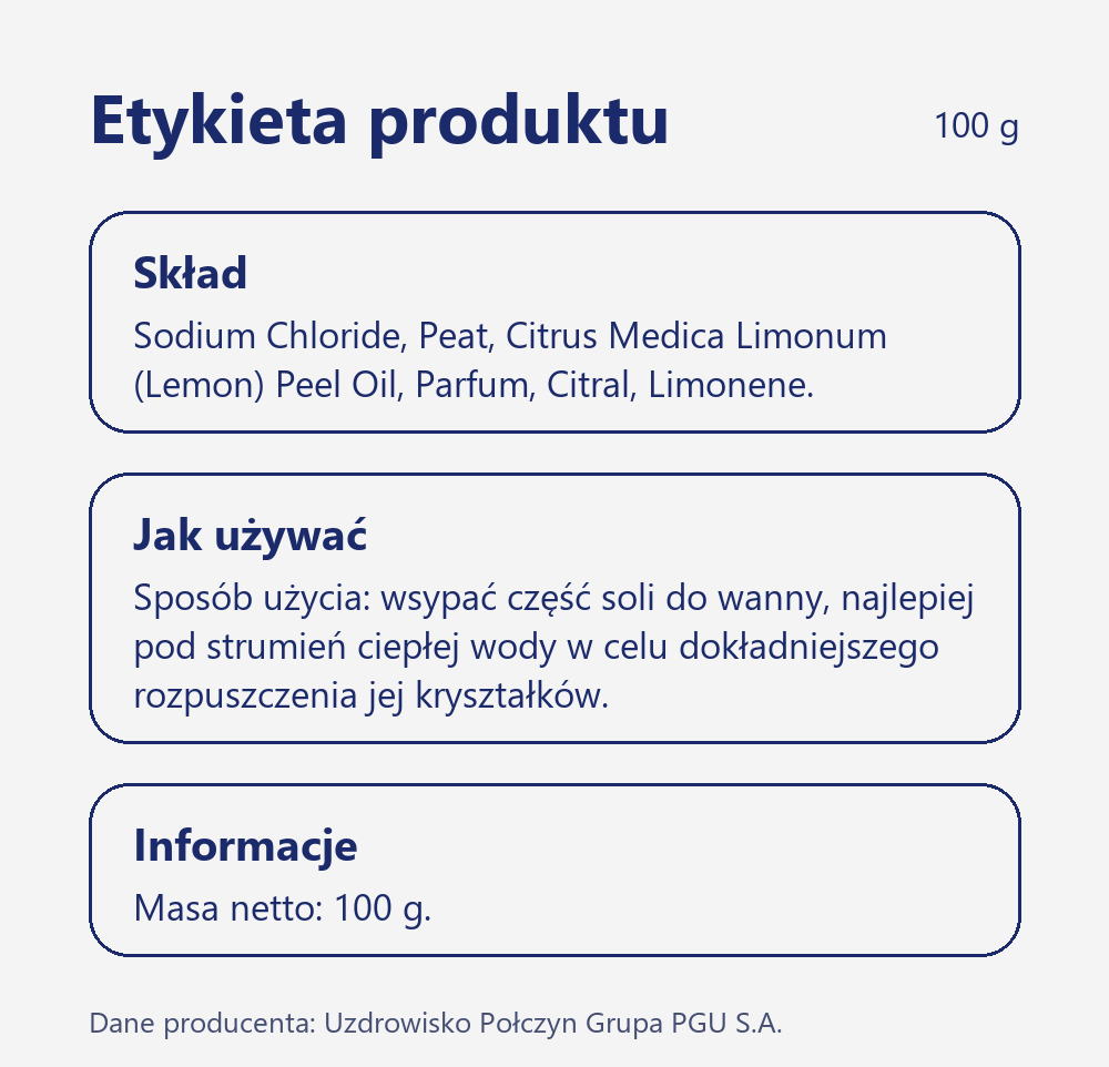 Skład i sposób użycia Terra Zdrój Sól do kąpieli z połczyńską borowiną o zapachu maliny z cytryną 100 g porcja na jeden raz