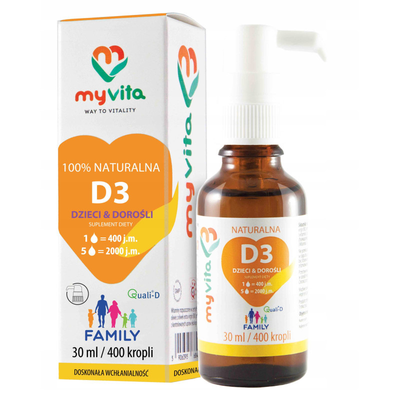 Krople MyVita Witamina D3 Family 30 ml, baza zestawu na odporność na jesień dla całej rodziny