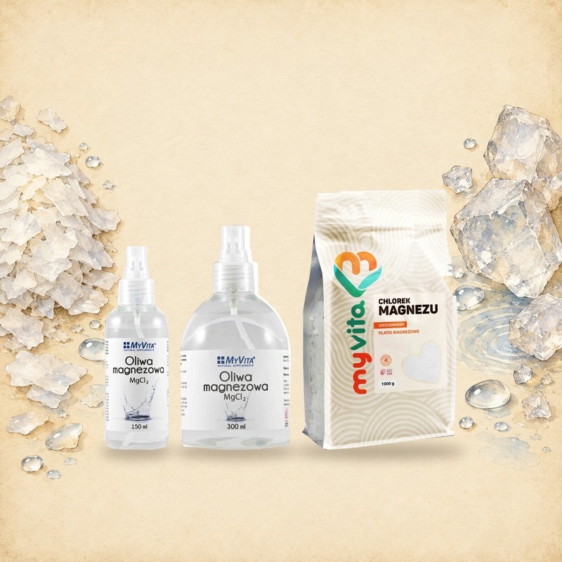 Oliwa magnezowa MyVita 150 ml i 300 ml oraz chlorek magnezu do kąpieli 1 kg wśród akwareli płatków i kryształów soli magnezowej