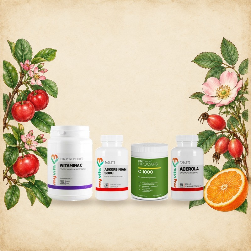 Witamina C: MyVita proszek 1 kg, askorbinian sodu w tabletkach, ForMeds LIPOCAPS C 1000 i MyVita Acerola wśród akwarel aceroli, dzikiej róży i pomarańczy
