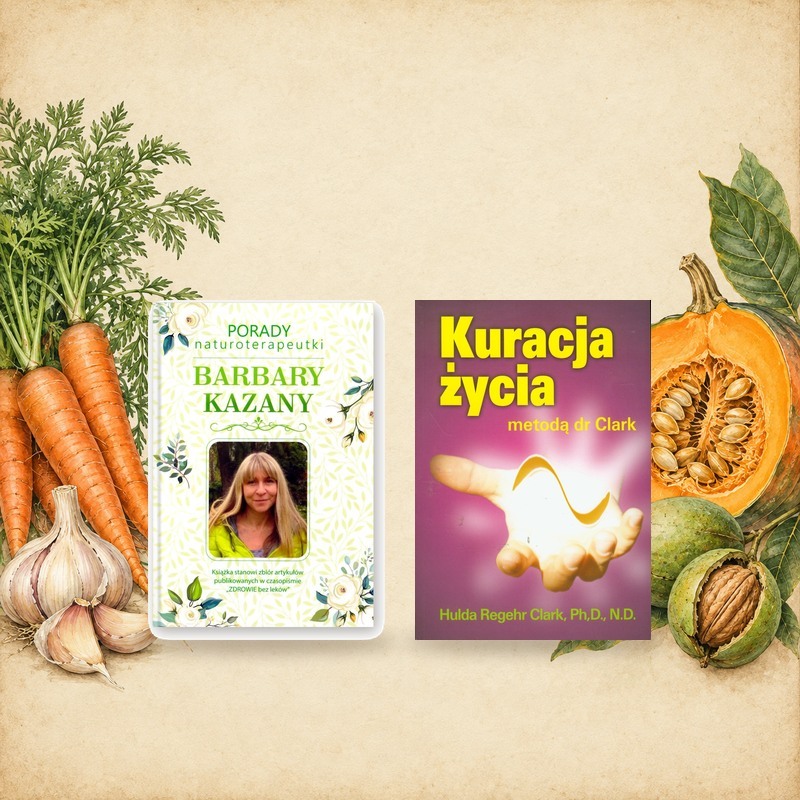 Okładki książek Porady naturoterapeutki Barbary Kazany część 1 i Kuracja życia Huldy Clark wśród akwarelowych marchewek, czosnku, dyni i orzechów włoskich