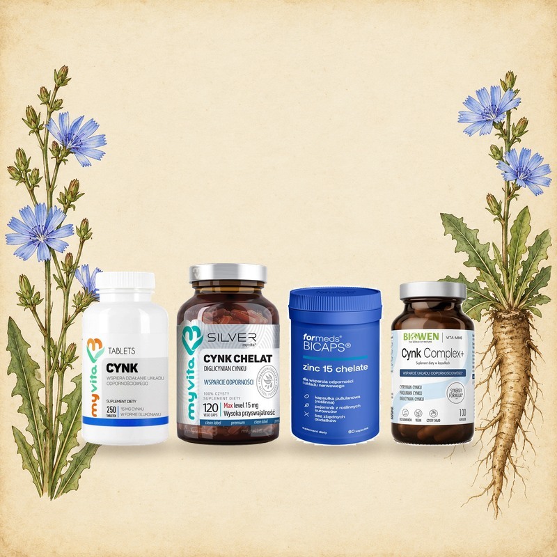 Suplementy z cynkiem: MyVita Cynk glukonian, MyVita Silver Cynk Chelat, ForMeds BICAPS Zinc 15 Chelate i Biowen Cynk Complex wśród akwarelowej cykorii podróżnika z niebieskimi kwiatami i korzeniem