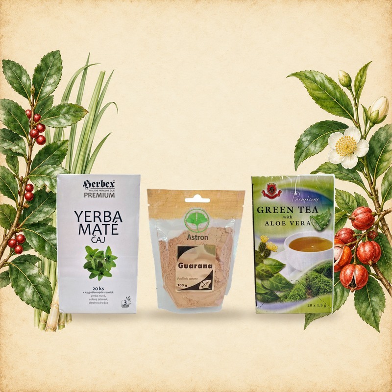 Herbata HERBEX Yerba Maté, guarana Astron i herbata zielona HERBEX wśród akwarelowych gałązek yerba mate, herbaty i guarany na kremowym papierze
